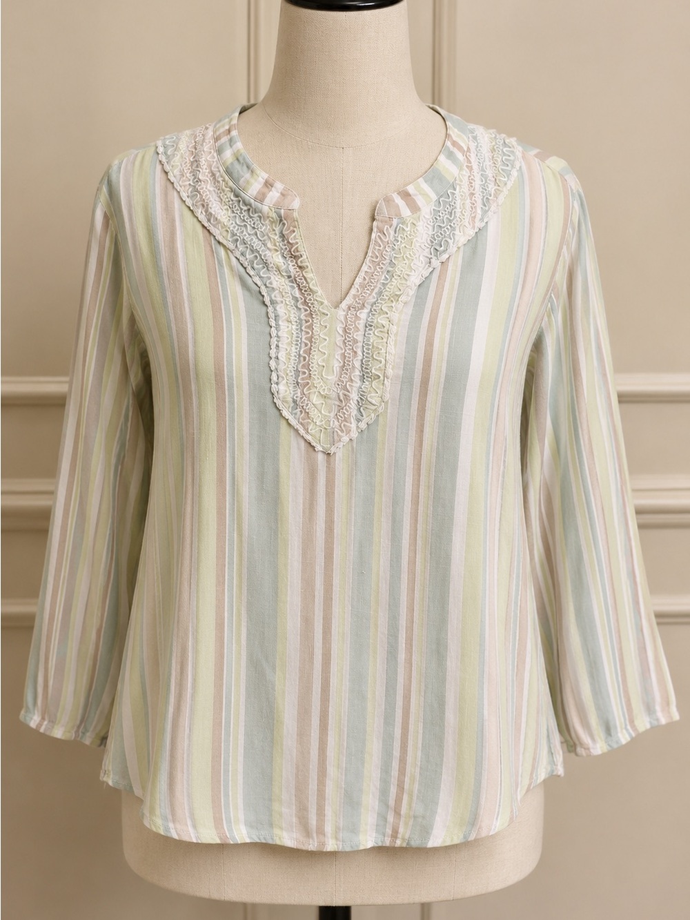 Ruby Rd. Woman Vertical Striped Tunic Top in Greens and Beige Size 1X Embroidery